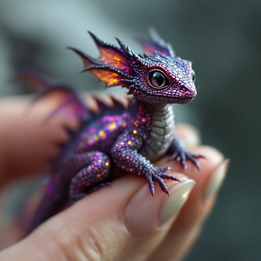 Tiny Iridescent Dragon in a Gentle Hand