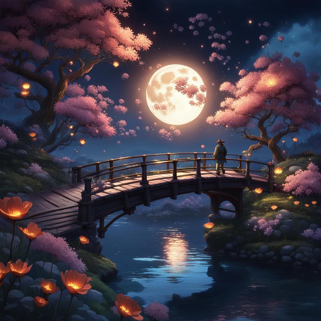 Anime Fisherman Under the Moon with Glowing Flowers