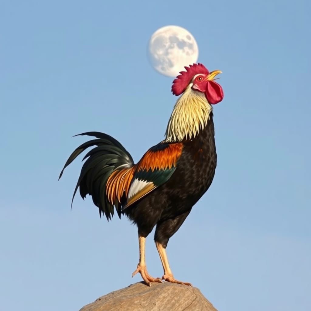 Moonlit Rooster Cries Out in Morning's Stillness
