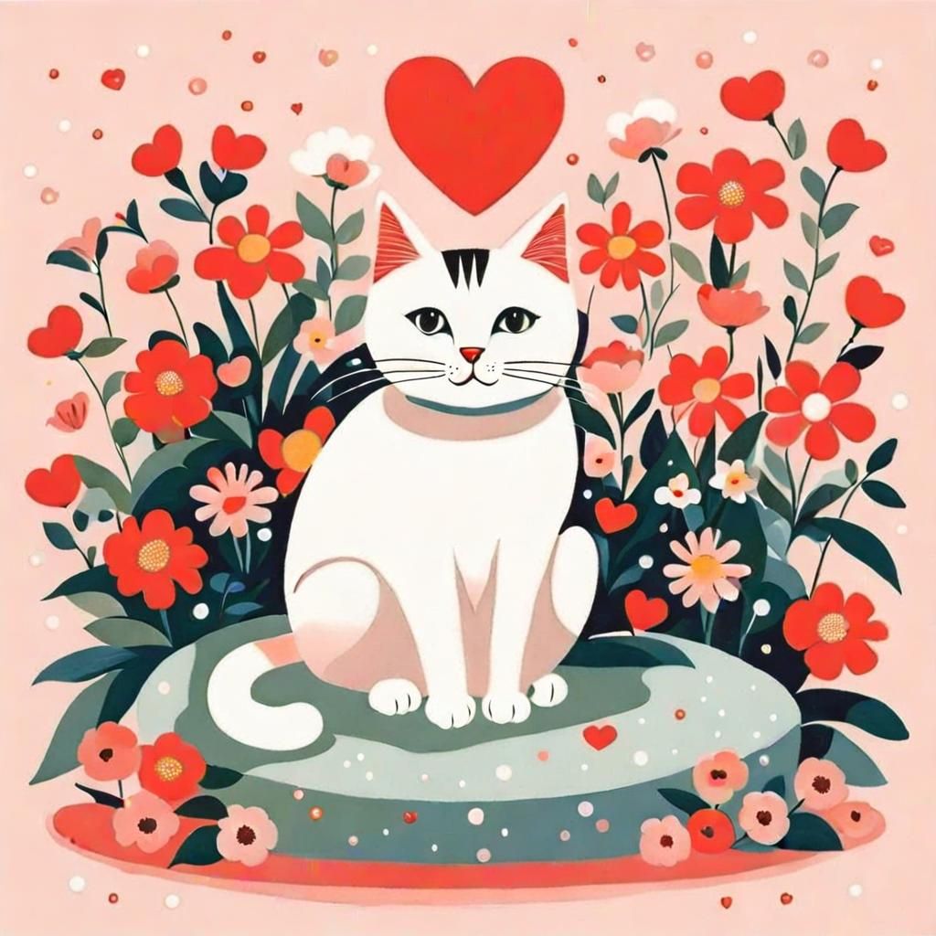 Cute Cat with Flowers in Whimsical Illustration Style