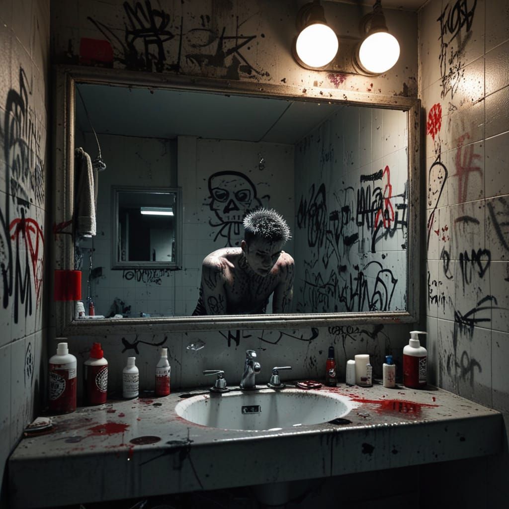 Graffiti Covered Punk Contemplates in a Dimly Lit Bathroom