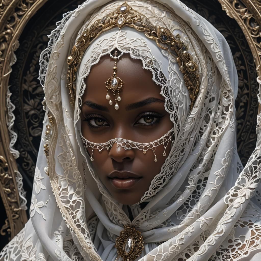 Woman in White Lace Hijab: Rococo-Inspired Art