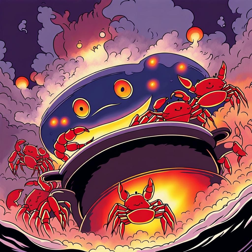 Glowing Crabs Steaming in Dreamlike Fantasy Illustration