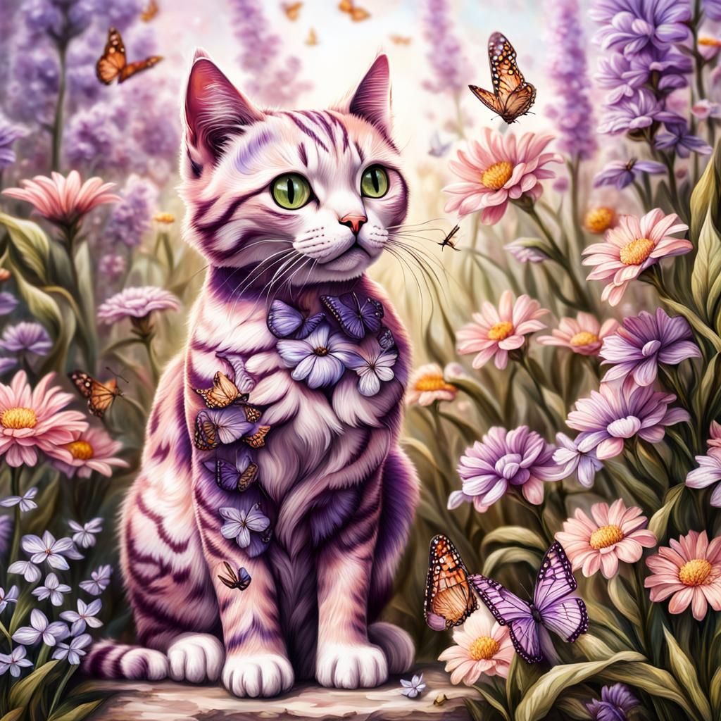 Floral Tabby Cat with Butterflies in Hyperrealistic Style