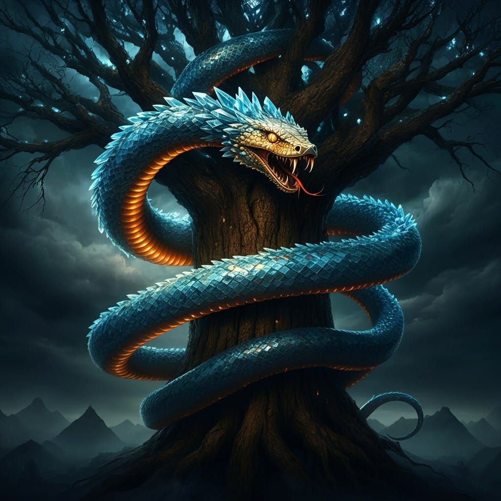 Crystal Serpent Encircling Yggdrasil in Dramatic Lighting