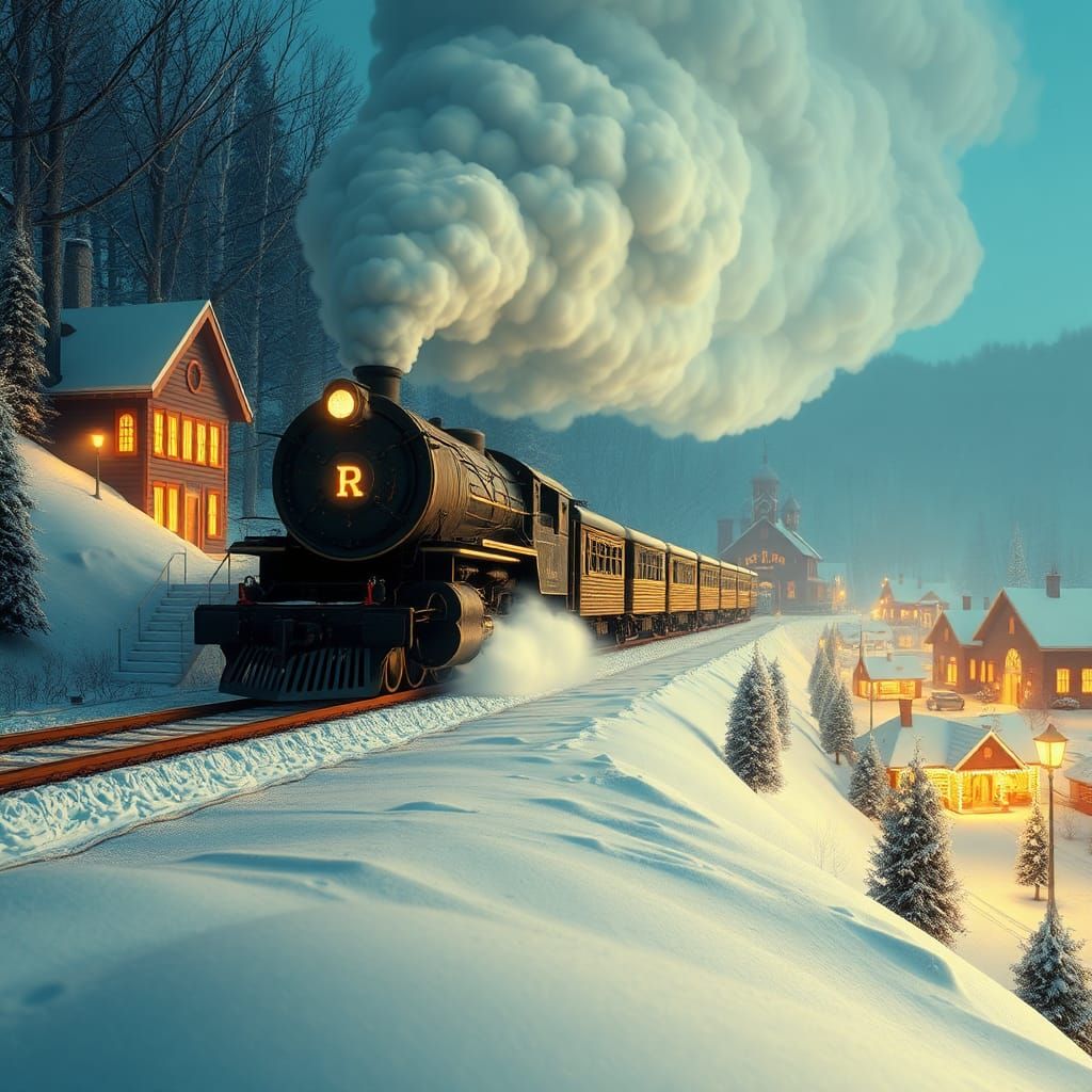 Polar Express Train Through Snowy Pennsylvania, 3D Render