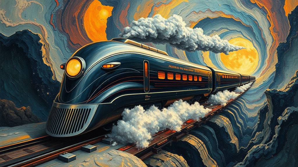 Surreal Art Deco Train Emerges from Psychedelic Vortex