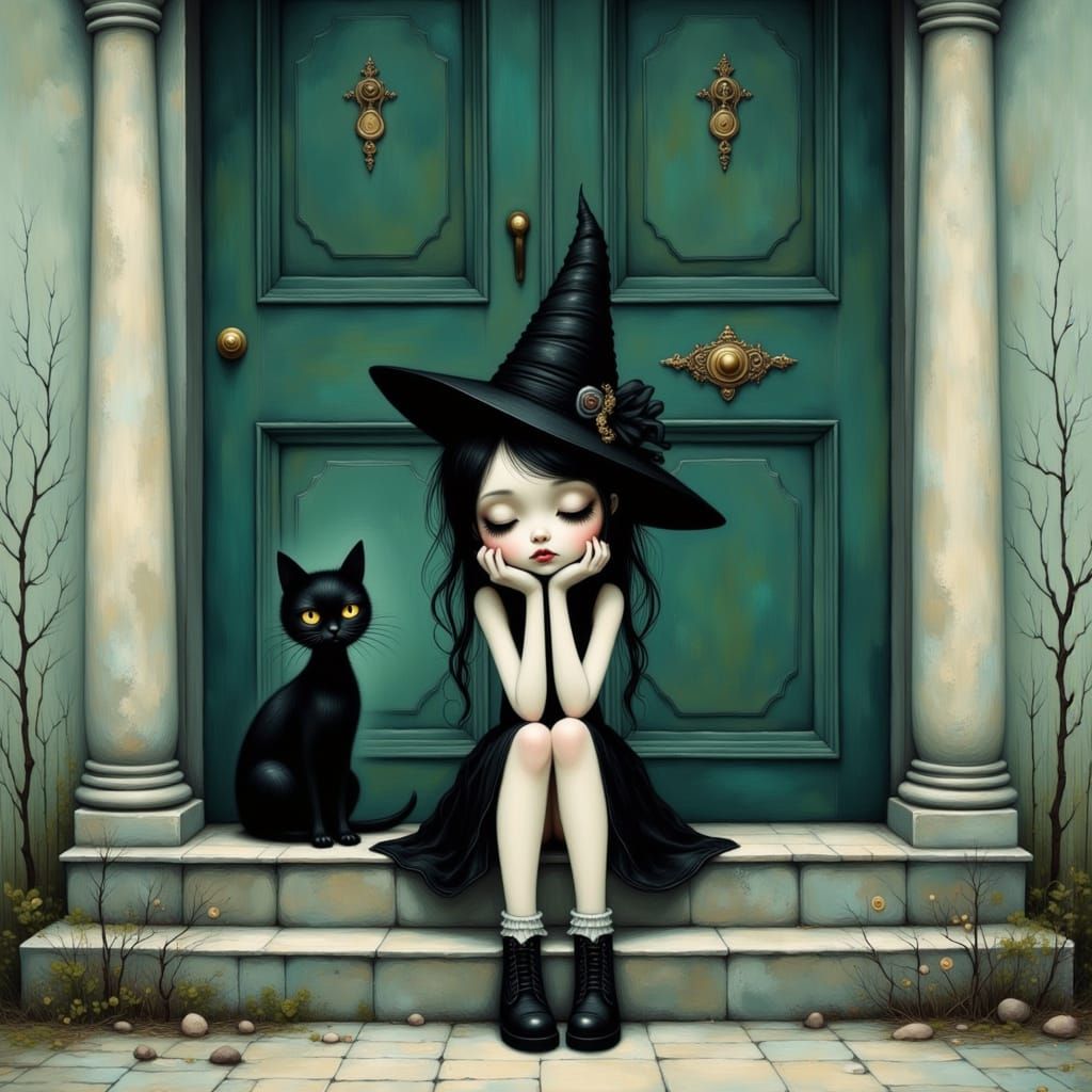 Melancholic Witch with Cat in Illustrative Style