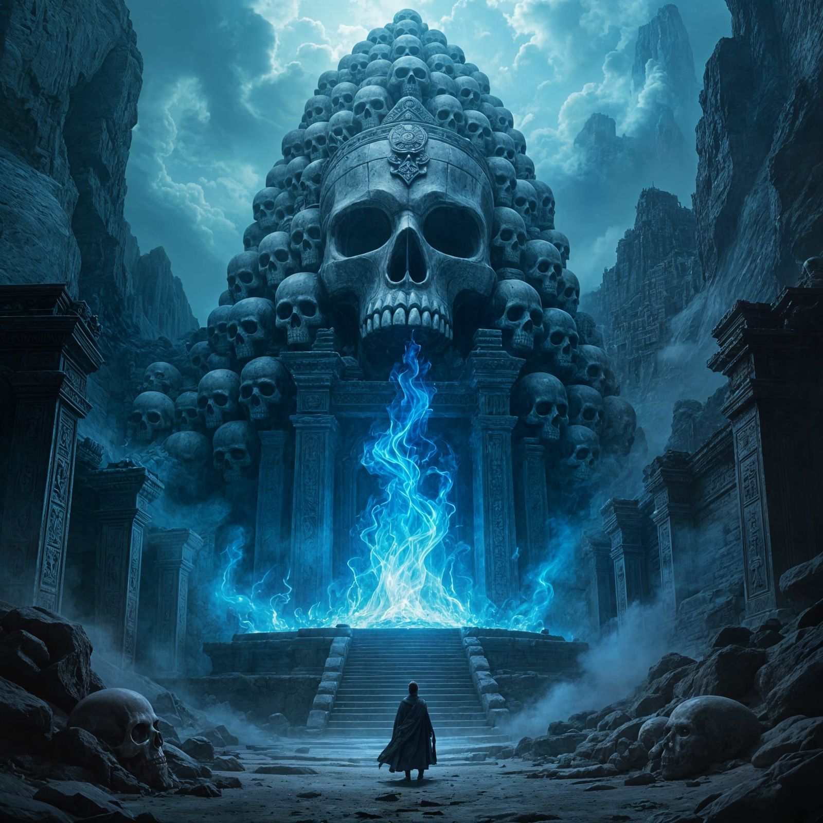 Temple Carved in Skull Mountain with Sacred Blue Fire