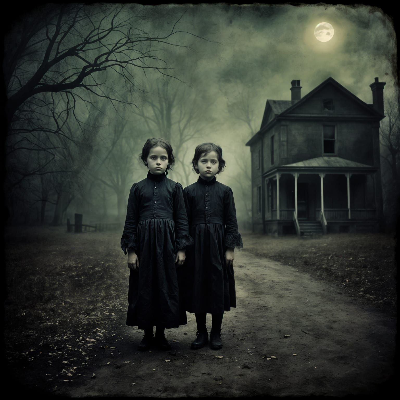Creepy Victorian Ghost Children in Dark Vintage Photo