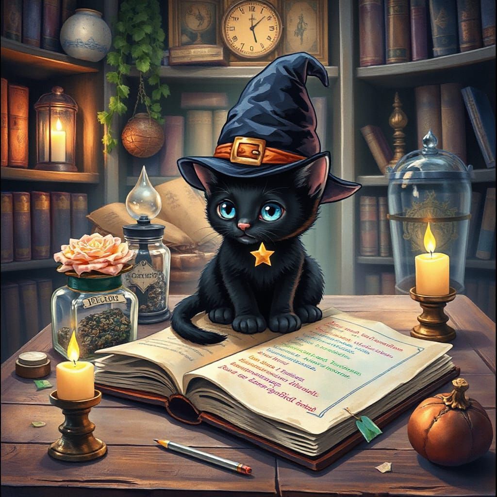 Chibi Witch Kitten in Watercolor Style