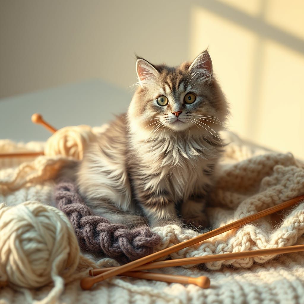 Hyper-Realistic Wool Cat in Cozy Still Life