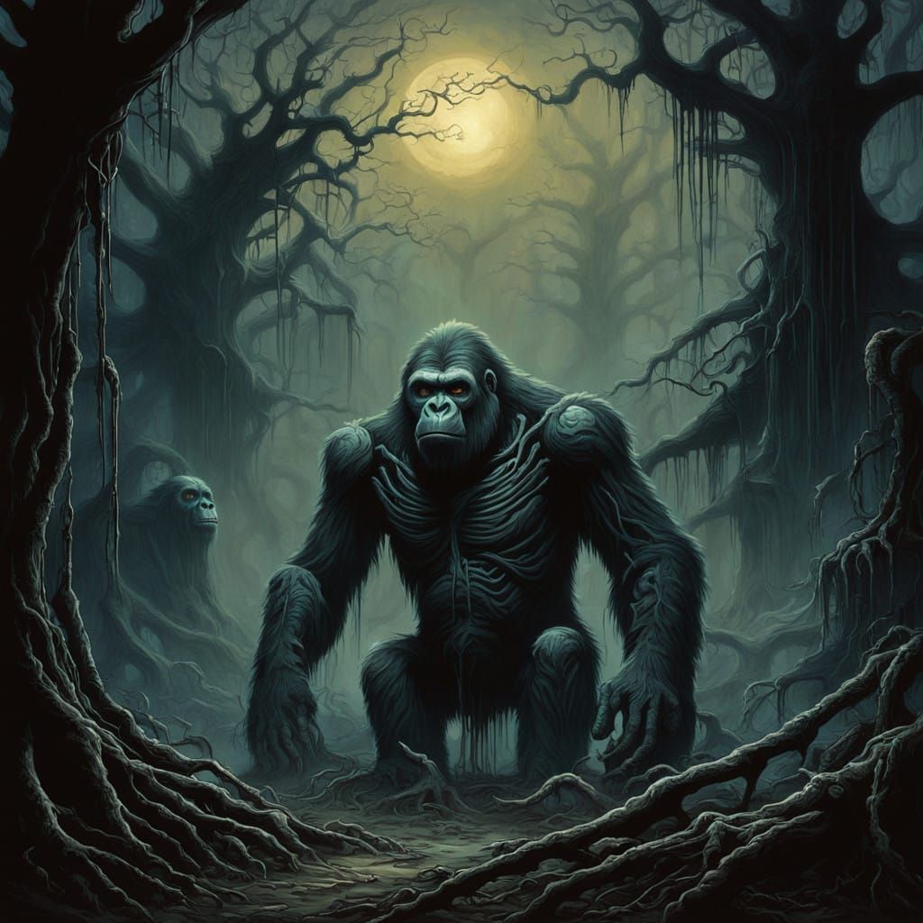 Dark Fantasy Skeleton Gorilla Family in Jungle Ruins