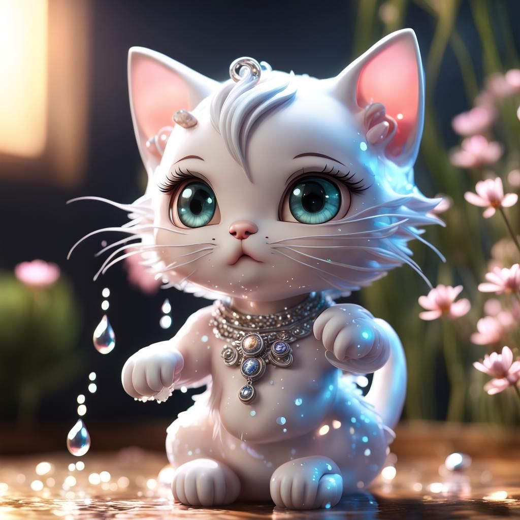 Adorable Chibi Kitten Made of Water: Photorealistic Render