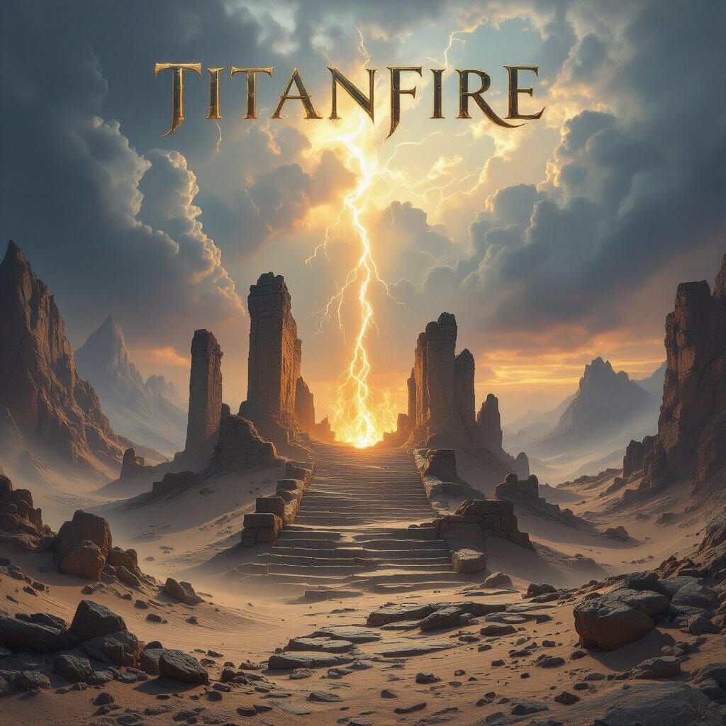 Epic Fantasy Album Cover: Ruins, Flames, and Stormy Sky