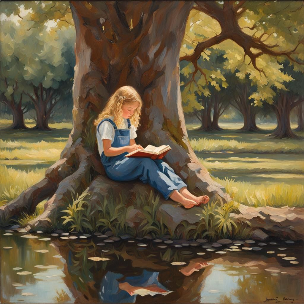Girl Reading Book Under Tree in Oil Painting Style