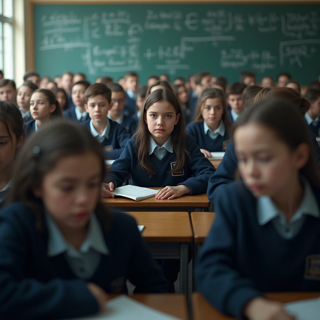 Hyperrealistic School Classroom with Students in Uniform