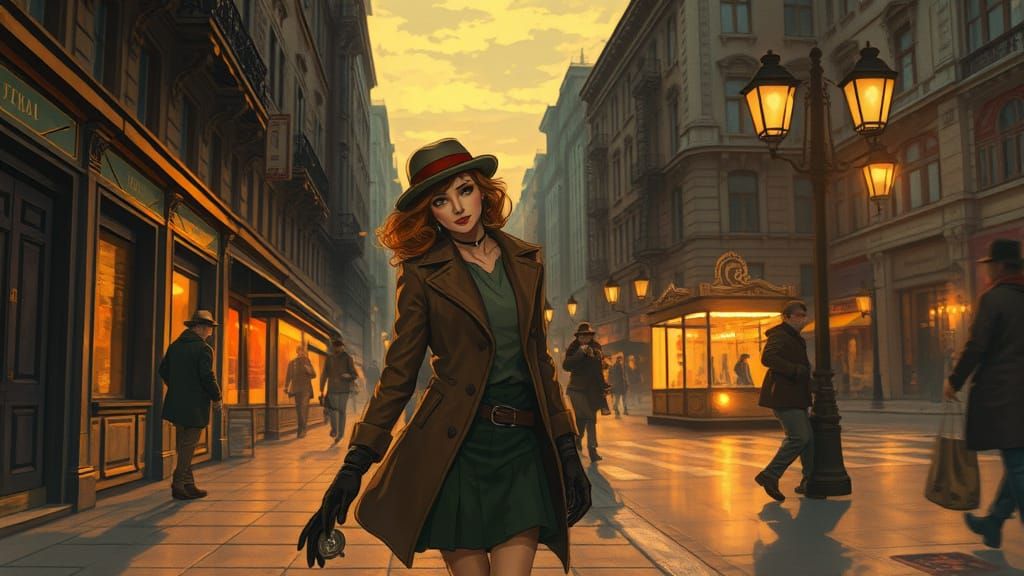 Elegant Woman Strolls Down Golden Aged City Street at Dusk