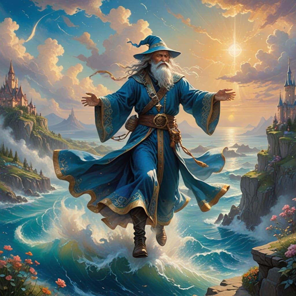 Ethereal Fantasy Wizard Soars Over Serene Sea