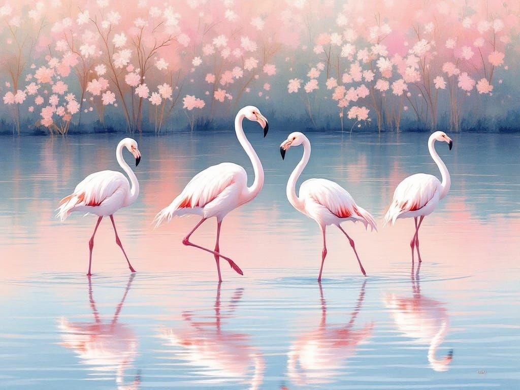 Elegant Flamingos in Pastel Colors as Acrylic Painting