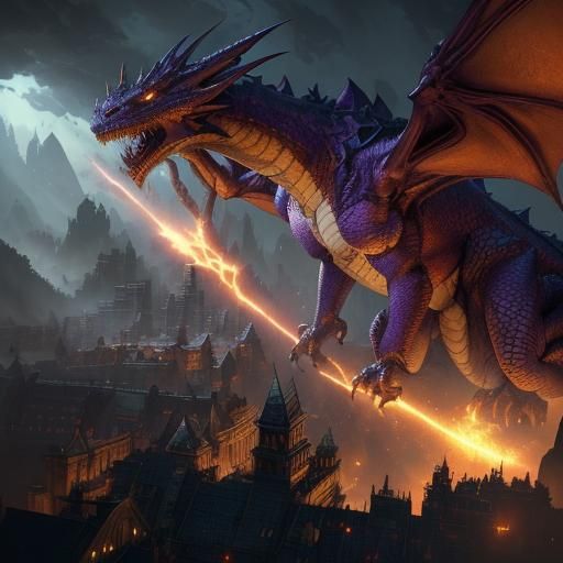 Dragon's Fury: City Ablaze in Dark Fantasy Style