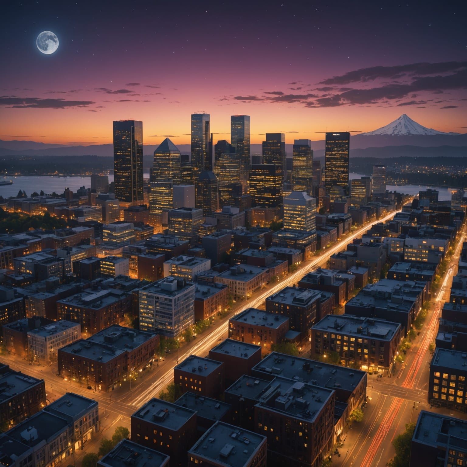 Portland Oregon Night Skyline in Detailed Digital Painting