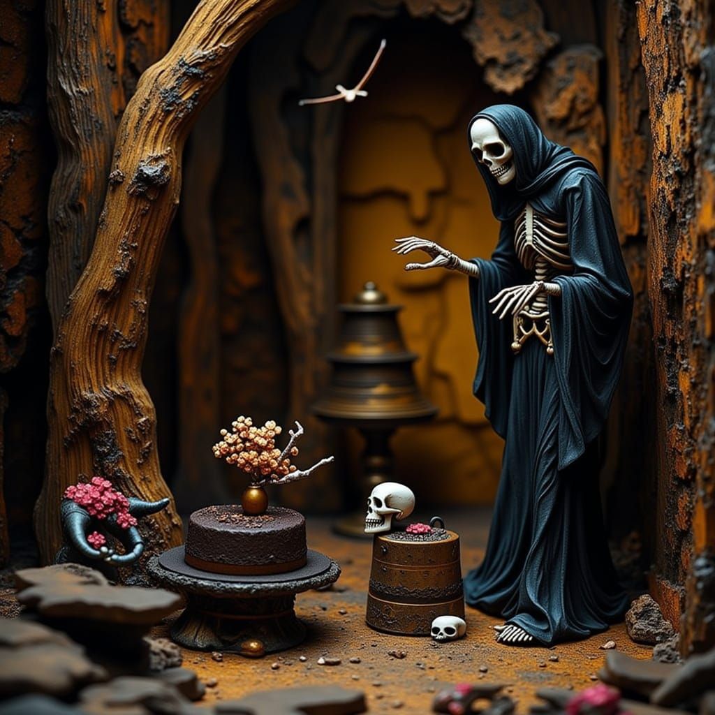 Grim Reaper Offers Cake or Skull in Gothic Diorama