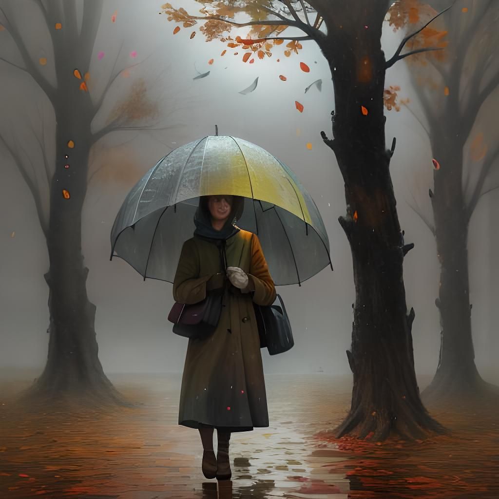 Woman in Autumn Rain with Volumetric Lighting