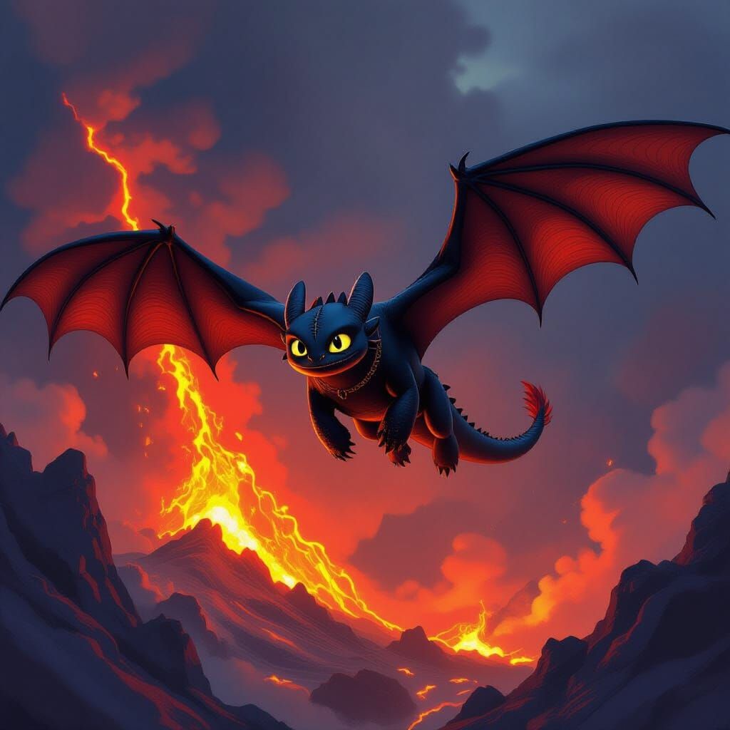 Toothless Dragon Soars Over Fiery Volcano in Digital Matte P...
