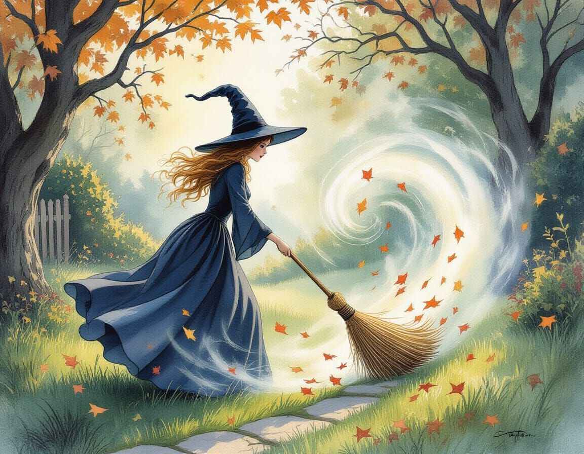 Haughty Witch Sweeps Yard with Magical Whirlwind in Watercol...