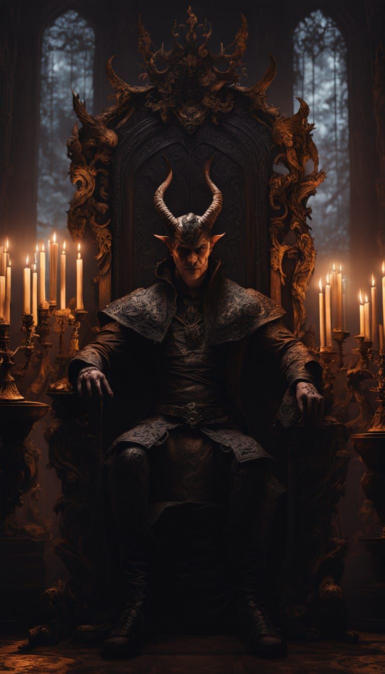 Androgynous Demon Lord on Obsidian Throne in Gothic Fantasy
