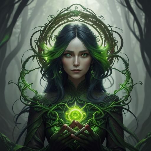 Woman Consumed by Envy in Mystical Forest, Art Nouveau