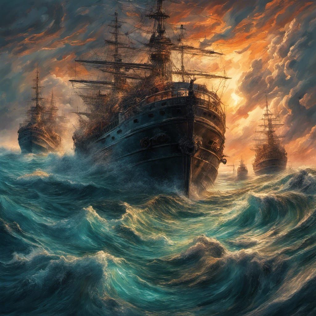 Hyperrealistic Ships Drowning in Stormy Sea