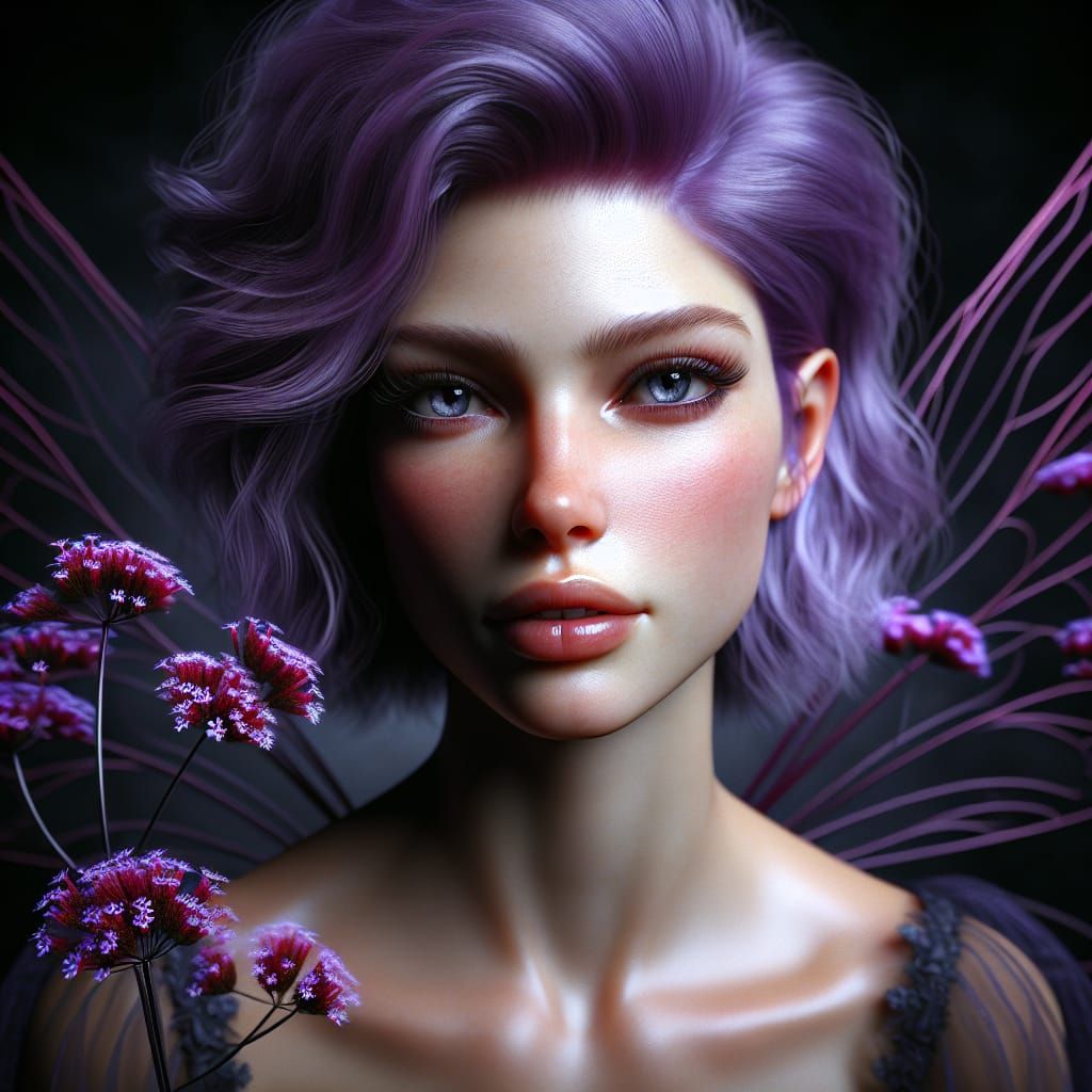 Purple Verbena Fairy Portrait in Hyperrealism