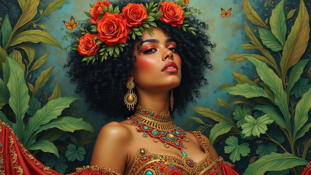 Vibrant Woman in Lush Greenery, Art Nouveau Style