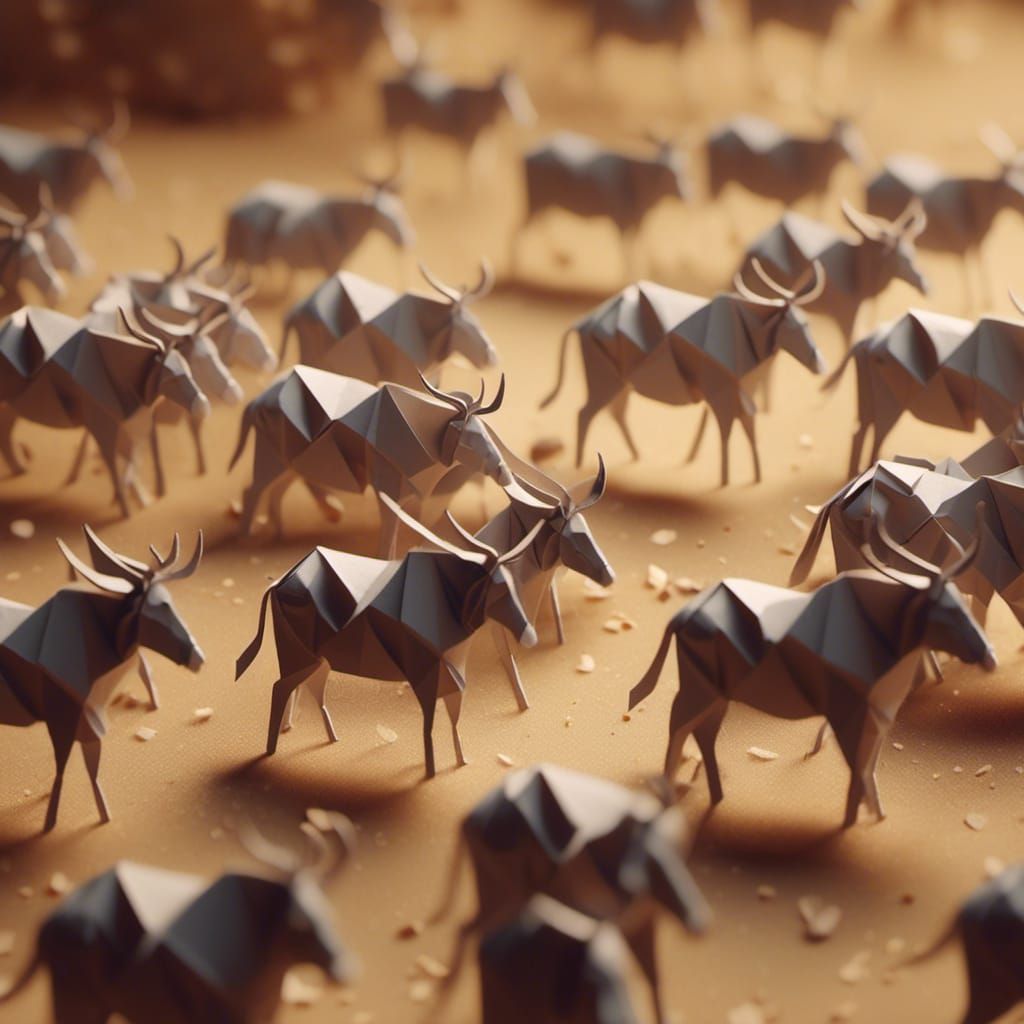 Origami wildebeest stampede