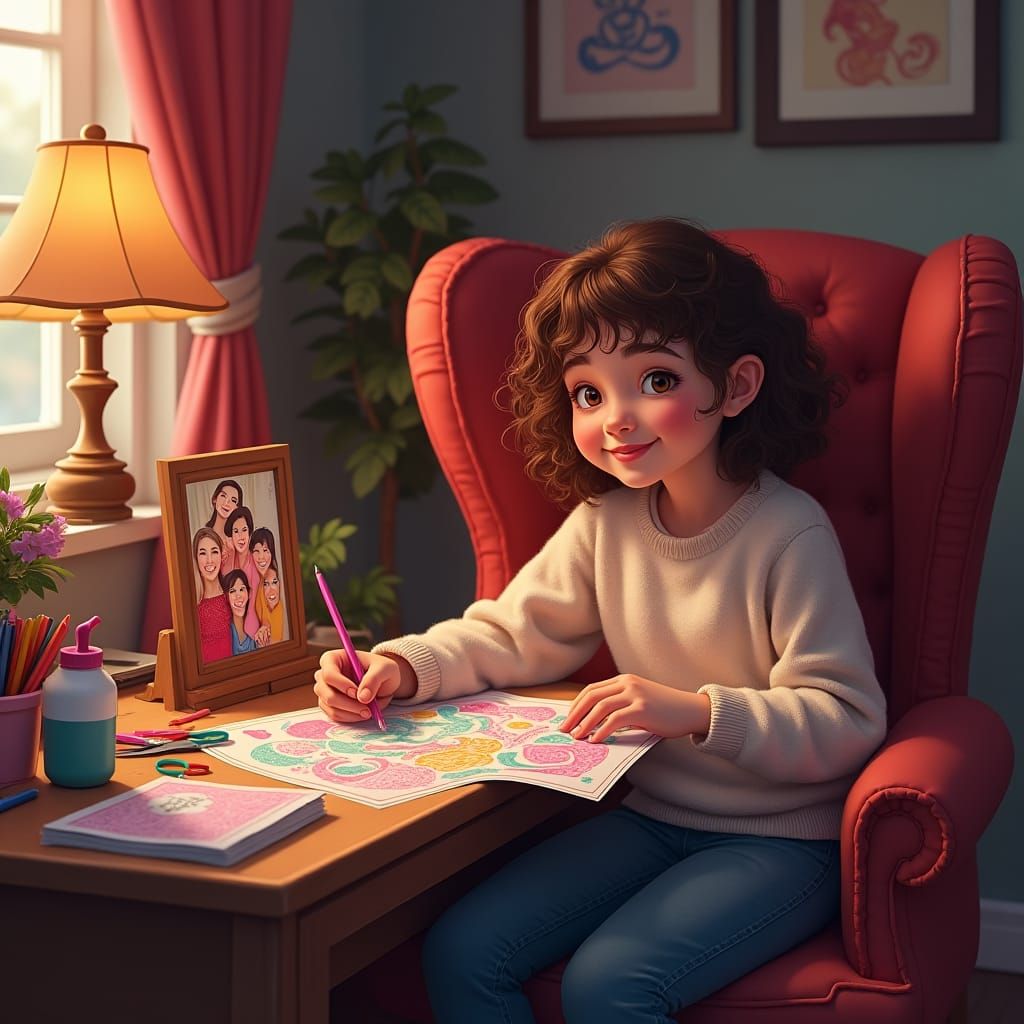 Girl Creates Valentine's Card in Dreamlike Setting