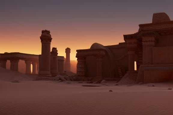 Post-Apocalyptic Desert Village at Sunset in Cyberpunk Style