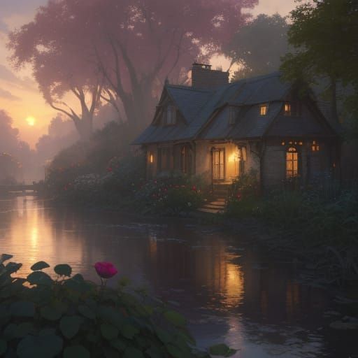 Sunset Over Dilapidated Rose Garden, Detailed Oil Painting