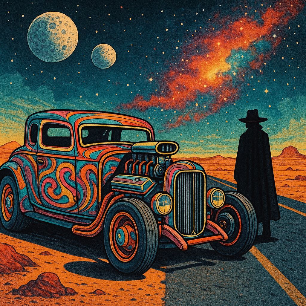 Psychedelic Hotrod on Alien Highway Under Two Moons
