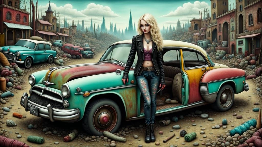 Gritty, High-Contrast Portrait of a Tattooed Woman in a Junk...