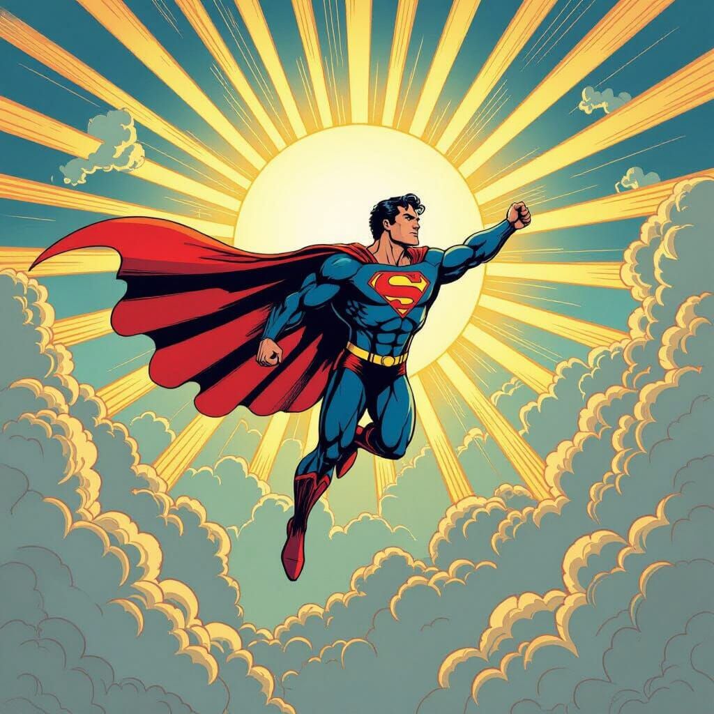 Superman Flying Through Sunny Sky in Tim Burton Style