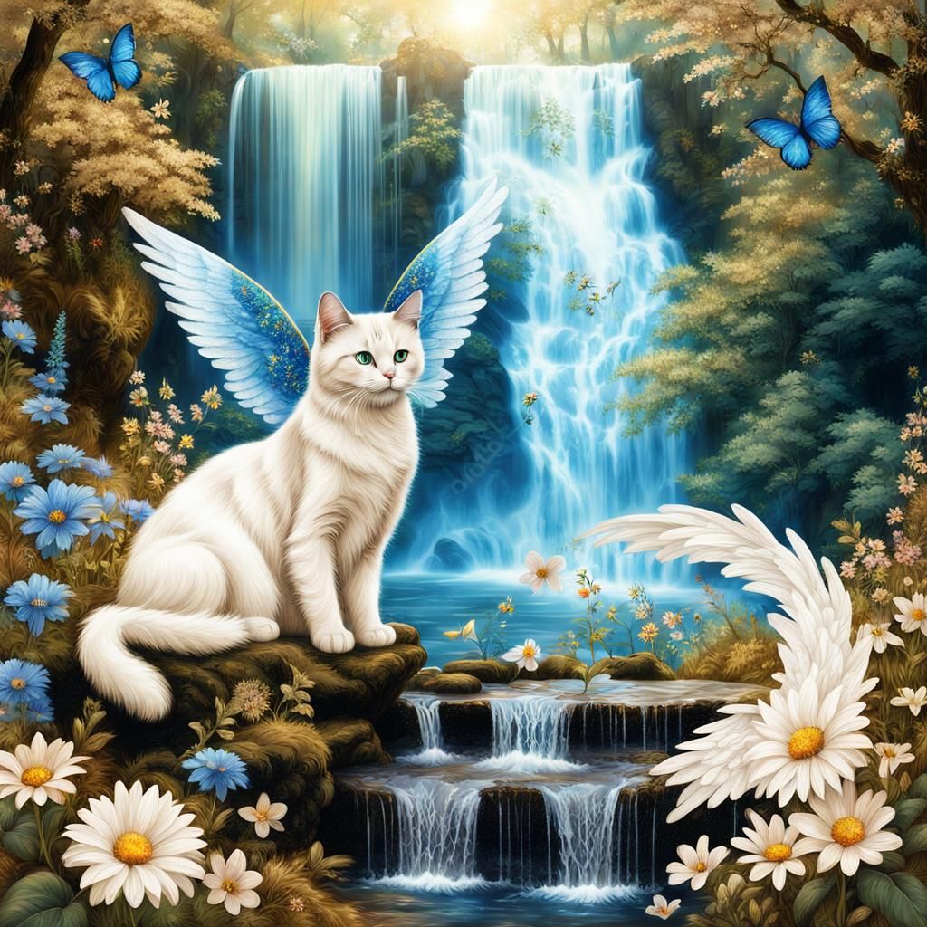 Fantasy Angel Cat in Forest with Waterfall