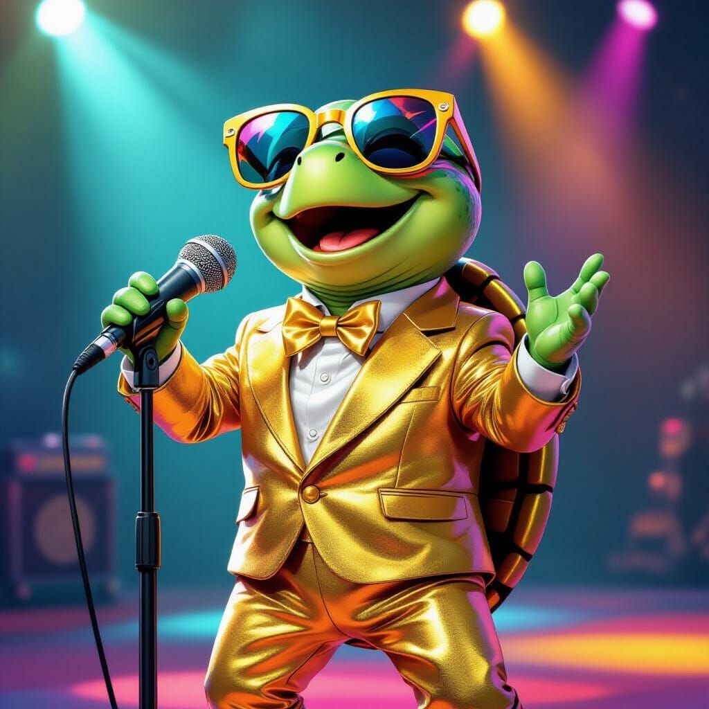 Whimsical cartoon like Singing  Turtle with Elvis