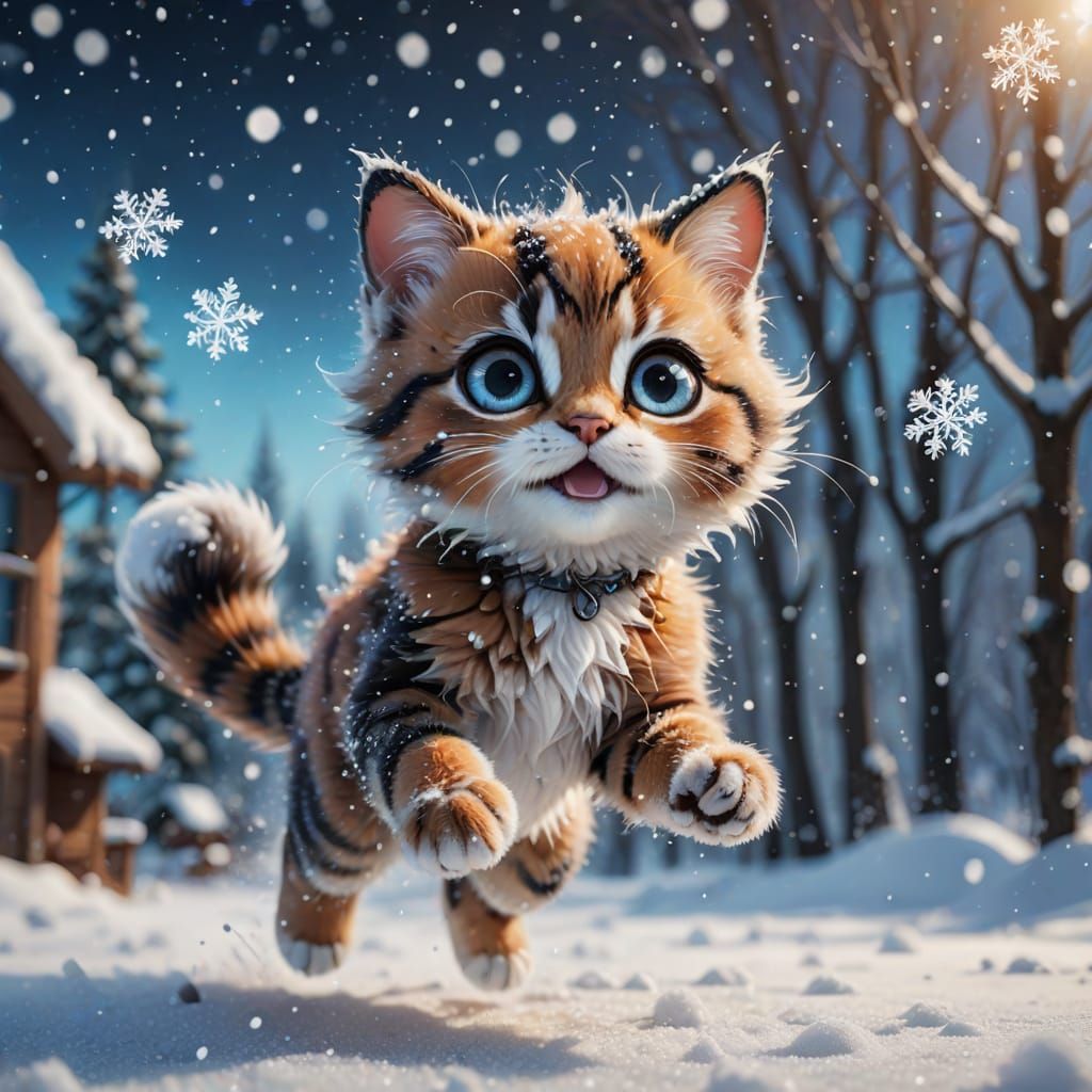 Playful Kitten Chasing Snowflake in Snowy Landscape