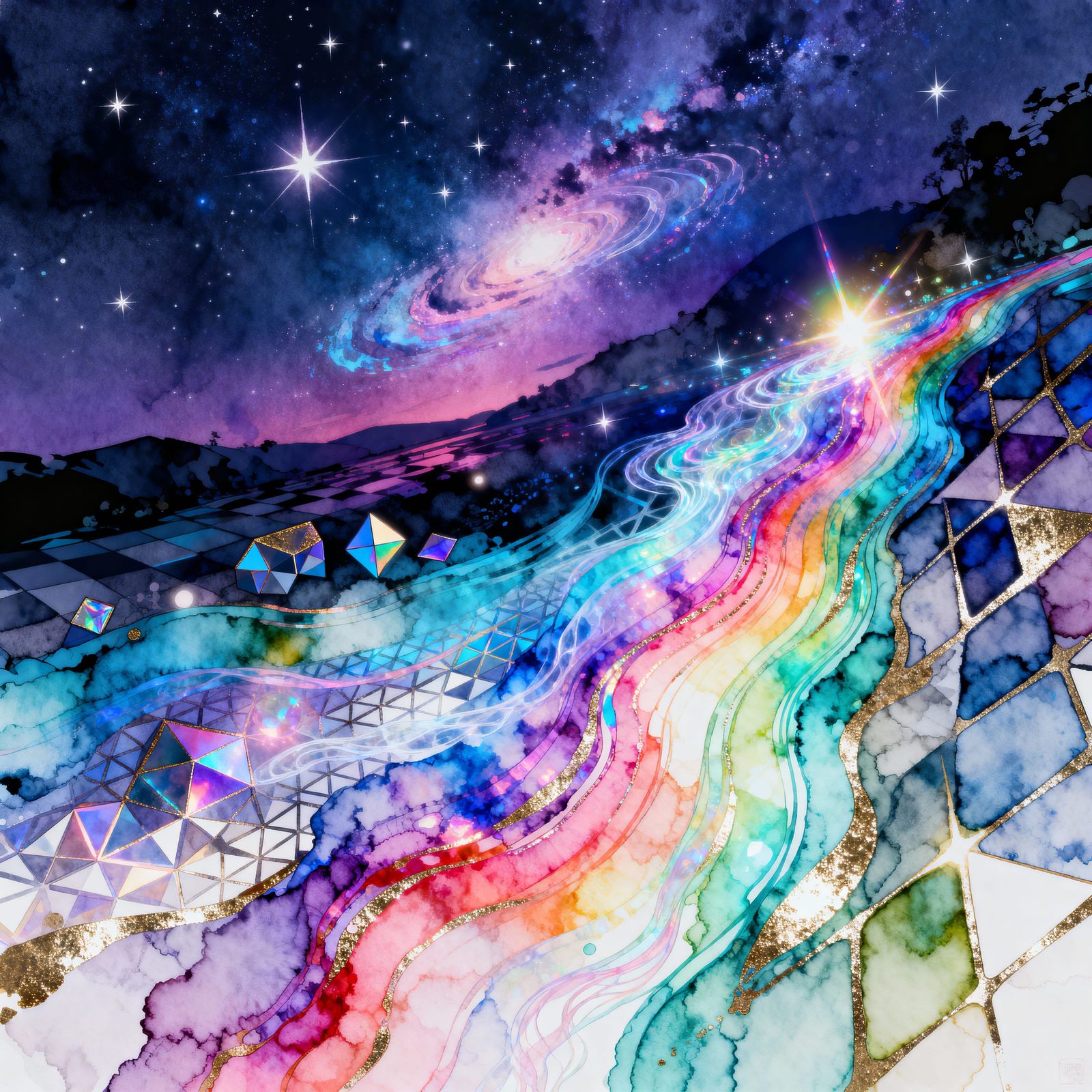 Prismatic Color Cascade in Graphic Novel Style