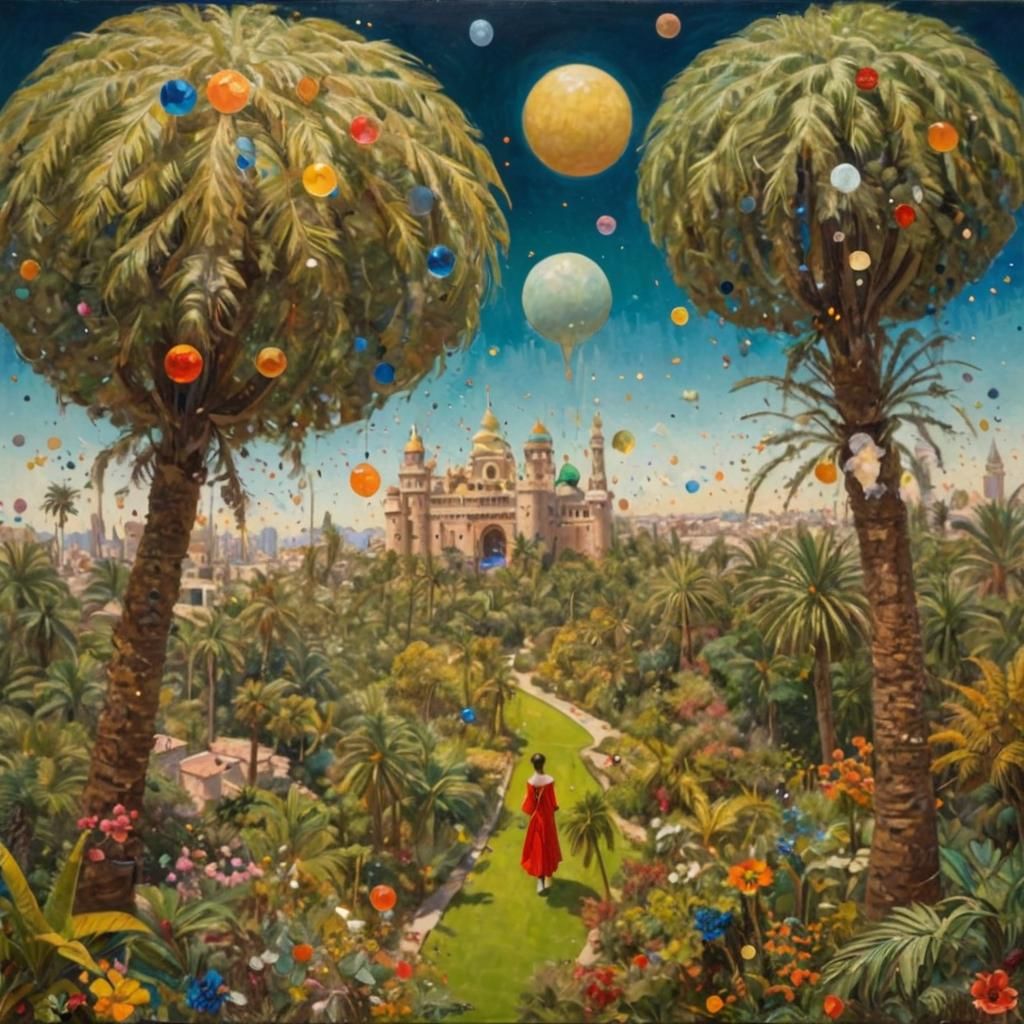 Utopian Paradise: Gaudi-Inspired Palace in Surrealist Oil Pa...
