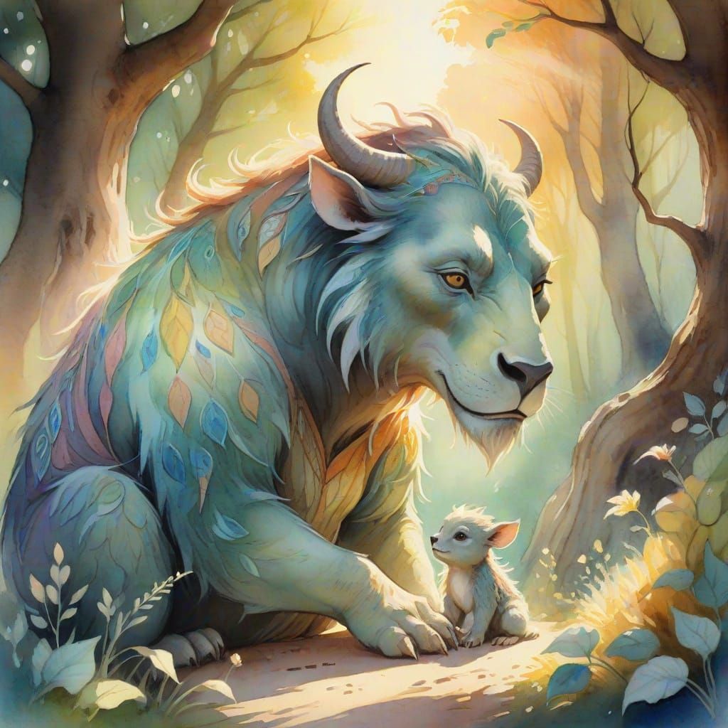 Heartwarming Mama Beast and Baby in Watercolor Style