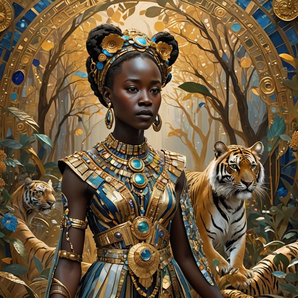 Ethereal Tiger Queen in Klimt-Inspired Art