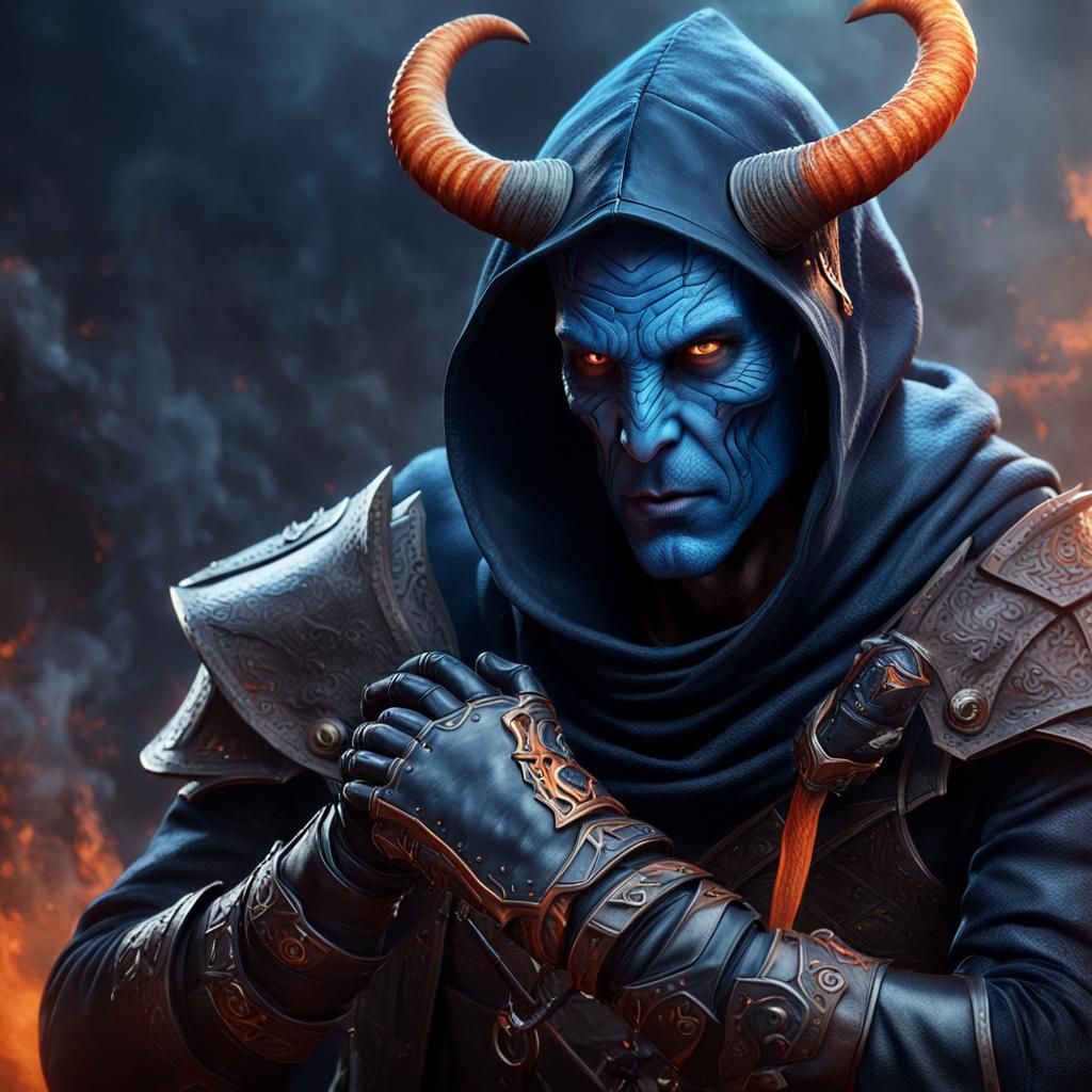 Detailed Portrait of Hooded Tiefling Rogue in Fantasy Art